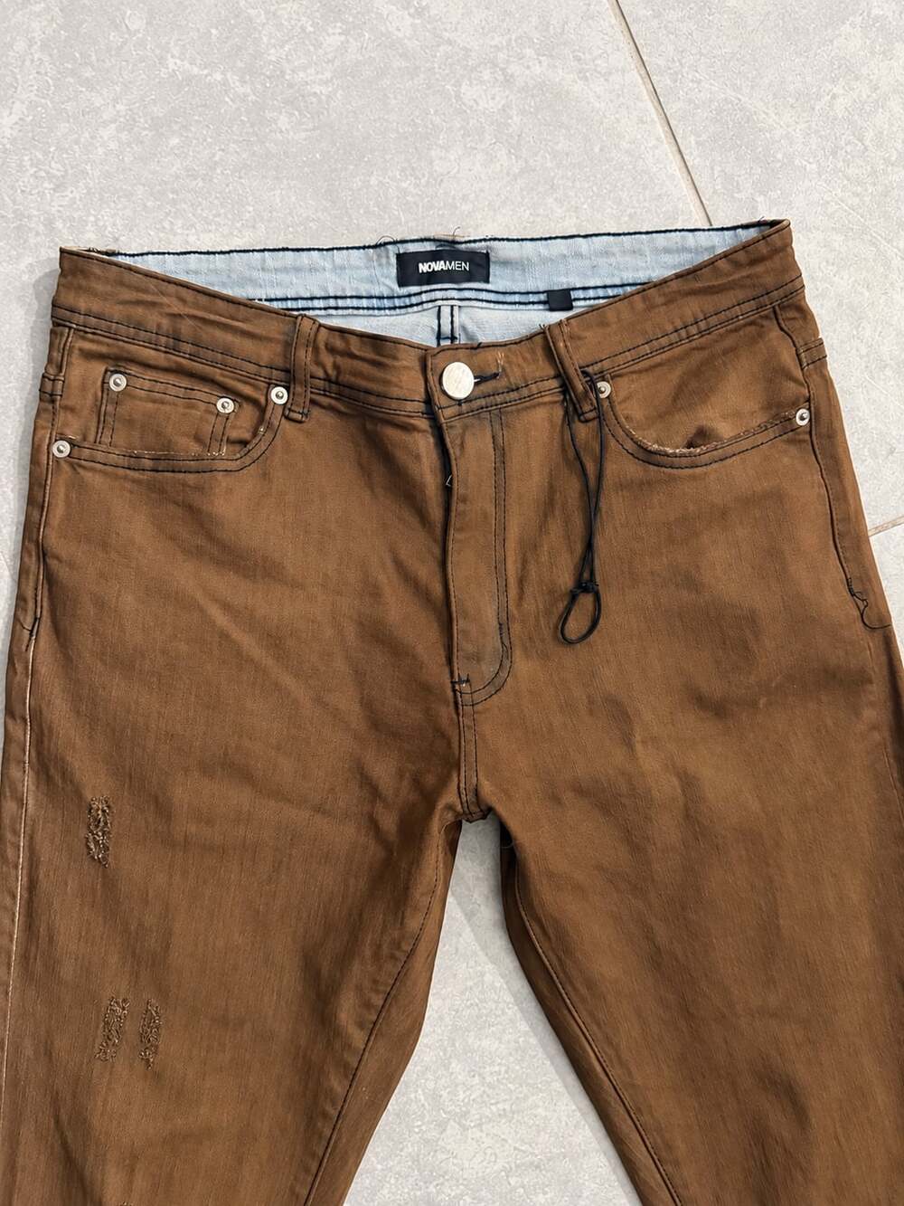 Novamen Distressed Flare Denim Pants Size 32 Brown Cotton Jeans